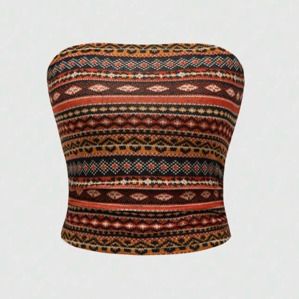 ROMWE Hippie Boho Vintage Slim Fit Tube Top with Earthy Tones NWT Sz Junior’s M